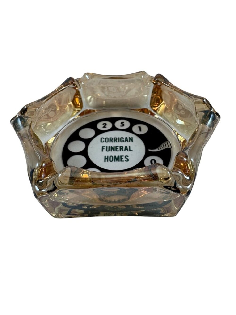 Iridescent Glass Ashtray Corrigan Funeral Home Rotary Dial 6 Slot Vintage 1950s